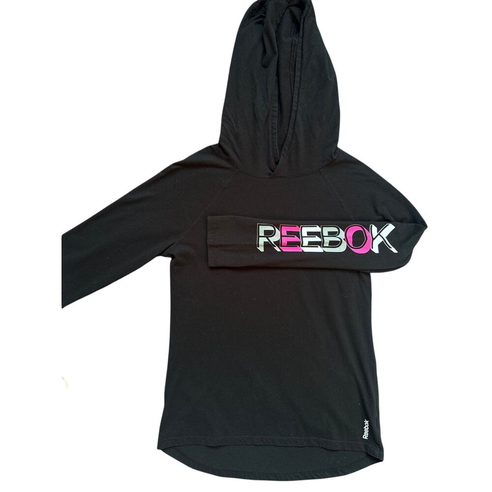 Reebok Black Pink Spellout Sleeve Longline Hoodie Women's Small